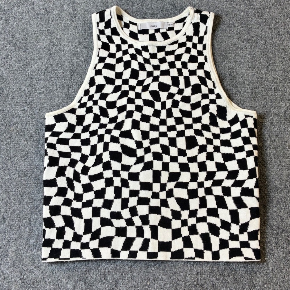 Adika Checkerboard Knit Tank Top Sleeveless Black White Pattern Y2K Casual XS-S‎
